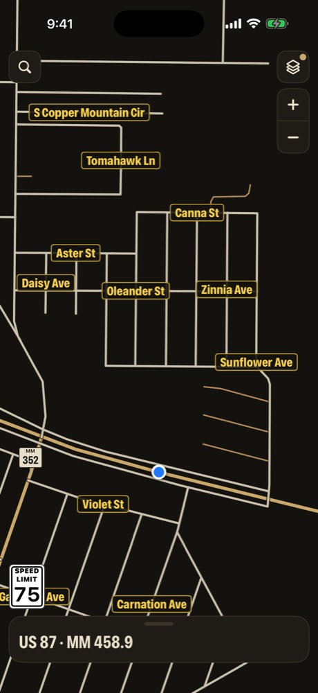 Offline map of streets near Grape Creek with street names and a mile marker sign