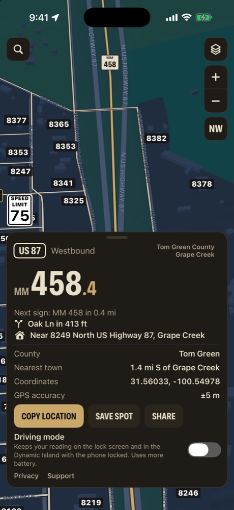 Mile Marker TX reading card on US 87 near Grape Creek at mile marker 458.4 westbound
